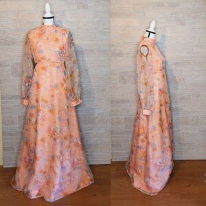 Vintage Handmade Boho Maxi Dress Peach Floral Chiffon Wedding Elopement Prom